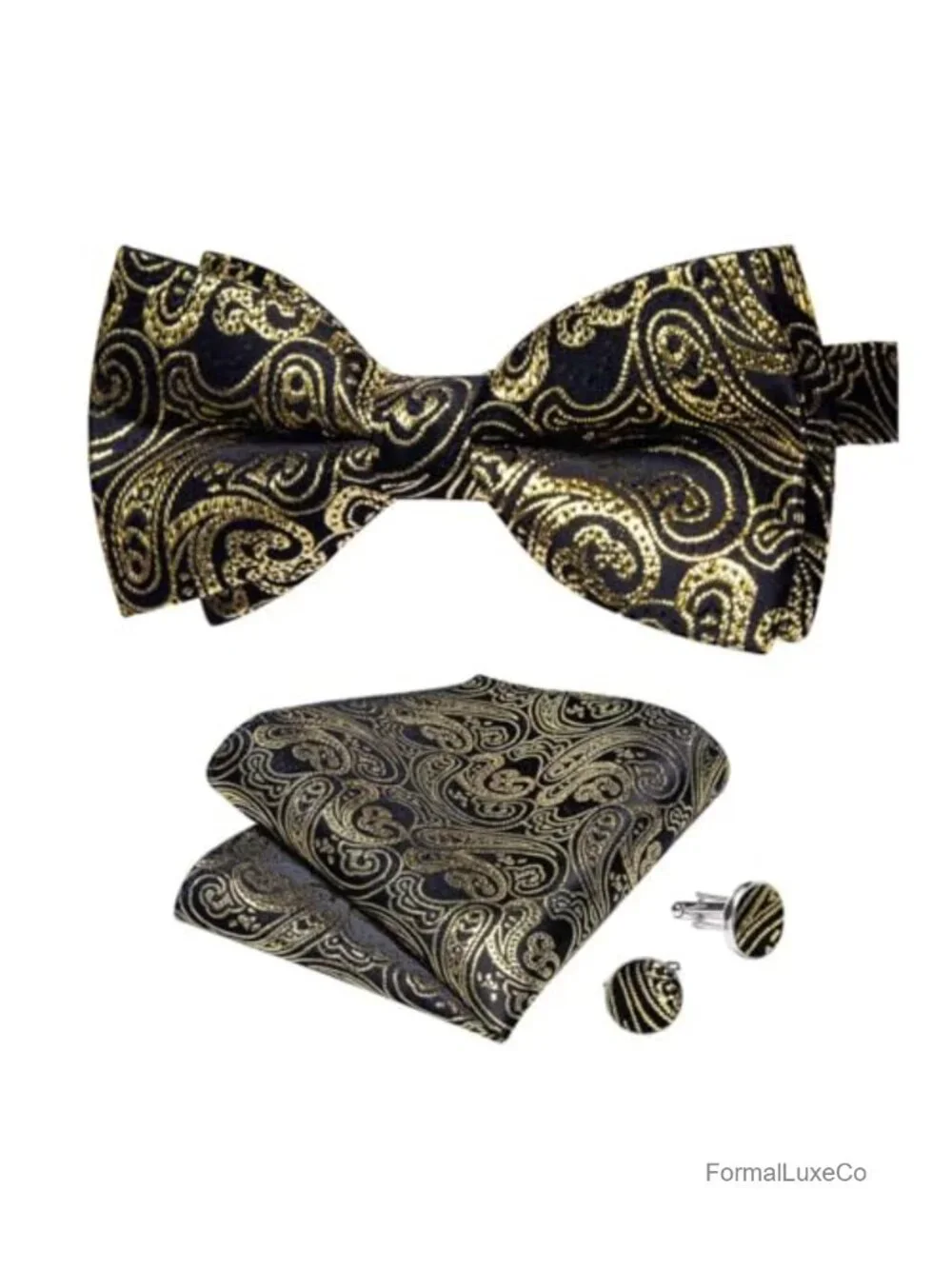 Silk Pre-Tied Bowtie Set with Handkerchief & Cufflinks, Gift Box